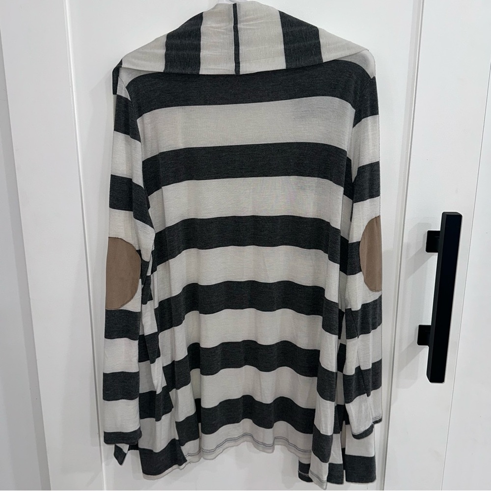 Honey Punch Striped Open Front Cardigan Elbow Patch Large - Picture 2 of 7